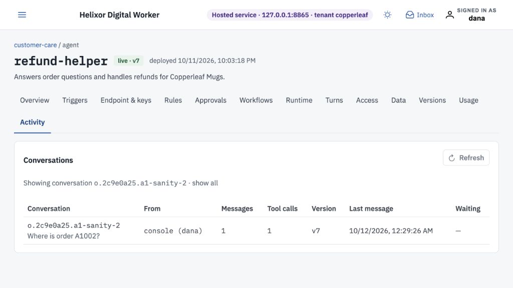 Activity filtered to one existing conversation asking where order A1002 is, with caller, message and tool counts, version and last message.