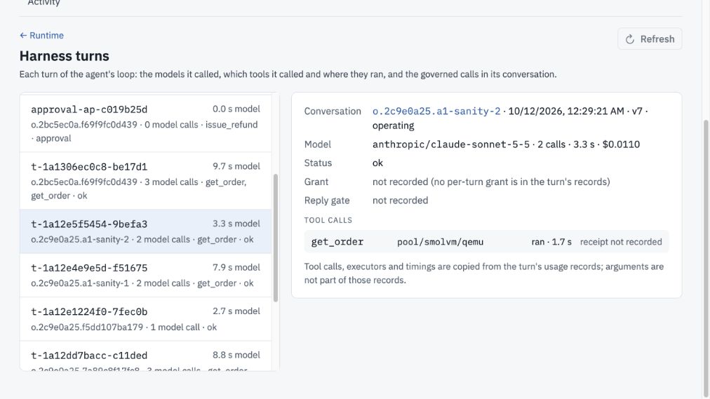 Harness turns with a selected get_order turn, conversation link, model call count, status ok and tool runtime.