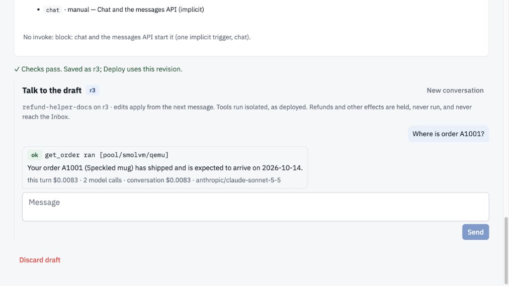 Successful draft lookup of sample order A1001 with get_order, two model calls and the recorded turn cost.